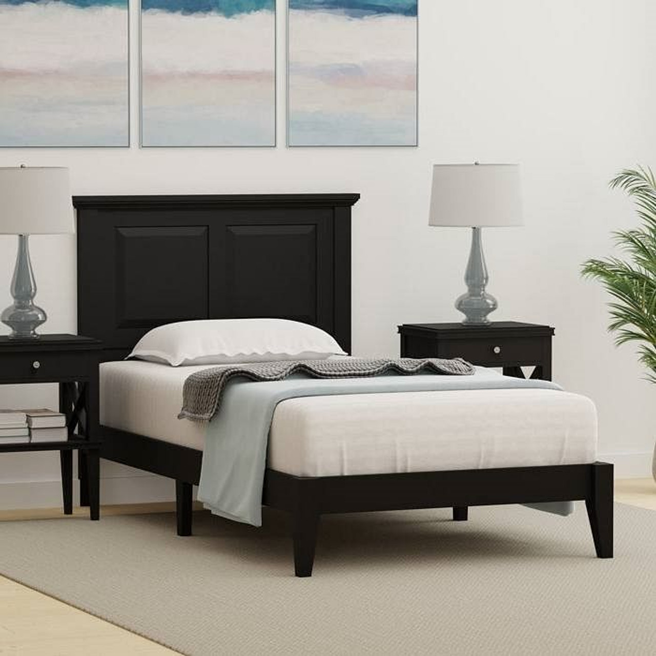Twin Traditional Solid Oak Wooden Platform Bed Frame with Headboard in Black