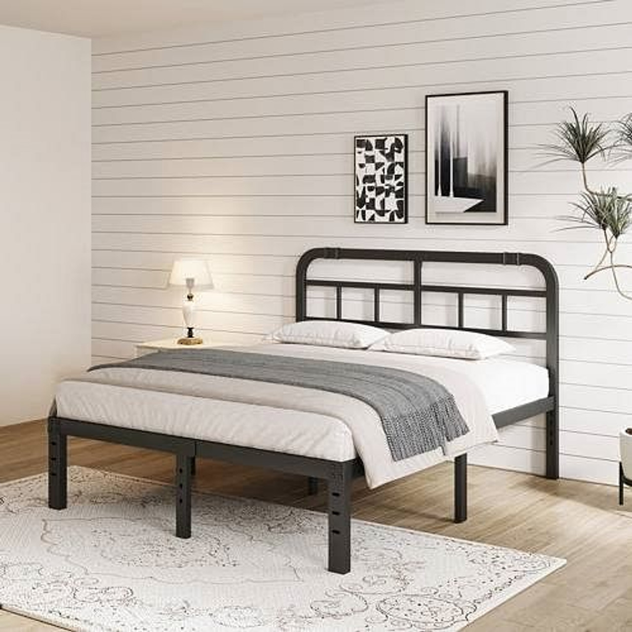 Queen Size Heavy Duty Black Metal Platform Bed Frame with Headboard