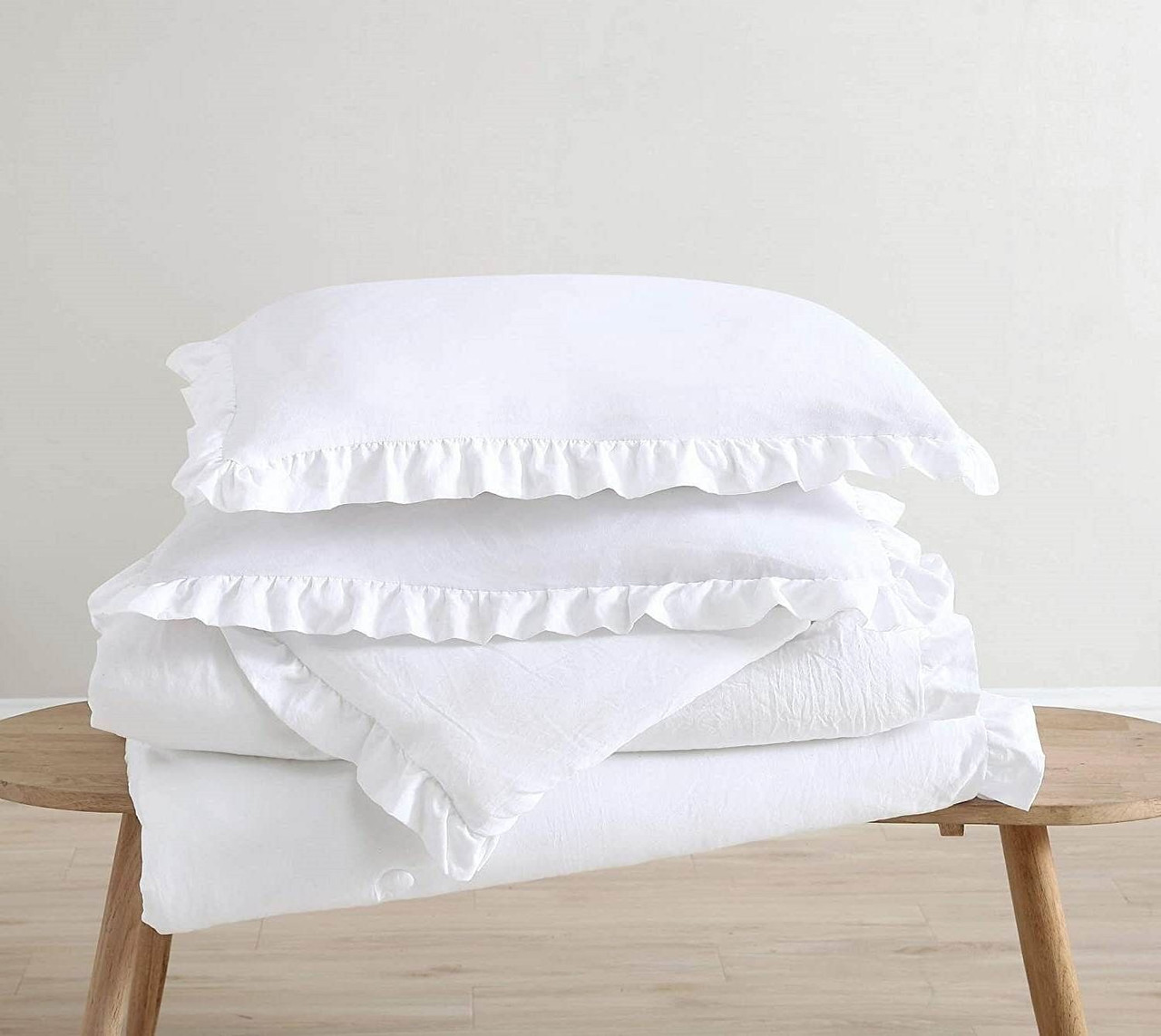 Full Size White Stone Washed Ruffled Edge Microfiber Comforter Set