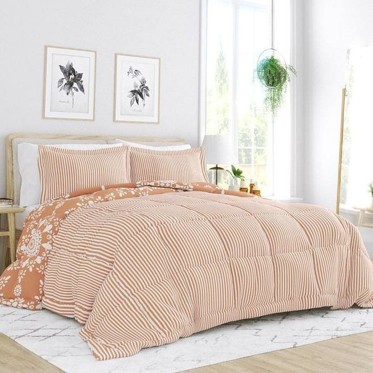 Twin 2 Piece Clay and White Reversible Daisy Medallion Striped Comforter Set Twin 2 Piece Clay and White Reversible Daisy Medallion Striped Comforter Set