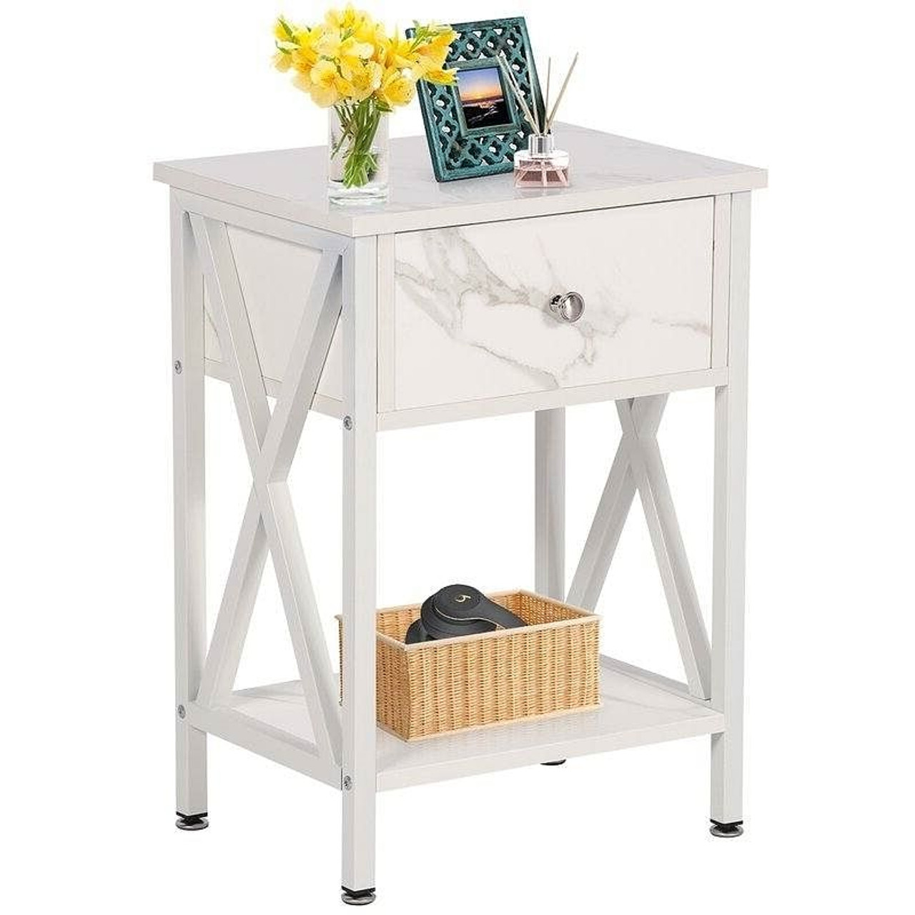 Set of 2 - Rustic Farmhouse 1-Drawer Nightstand Bedside Table in White