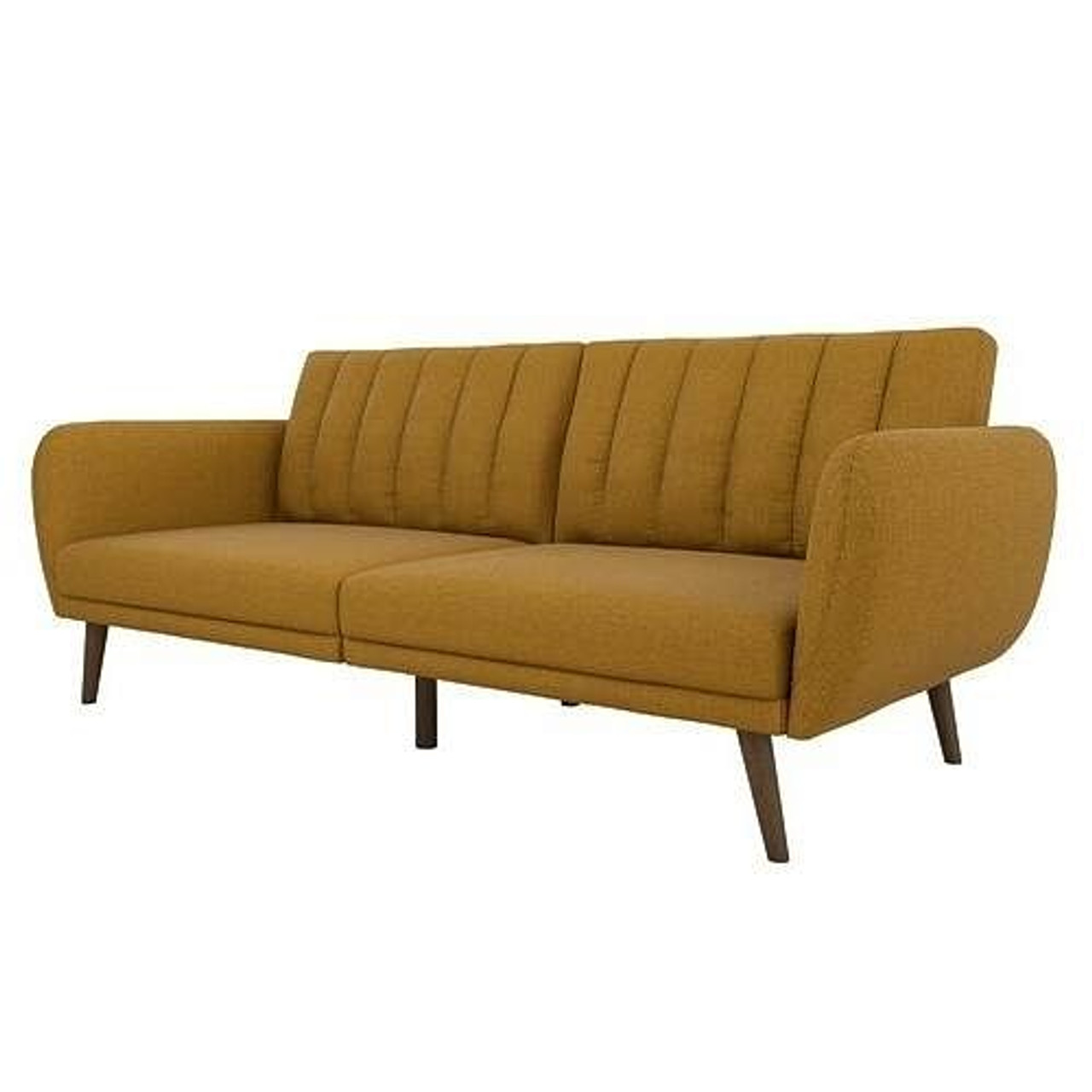 Mustard Linen Upholstered Futon Sofa Bed with Mid-Century Style Wooden Legs