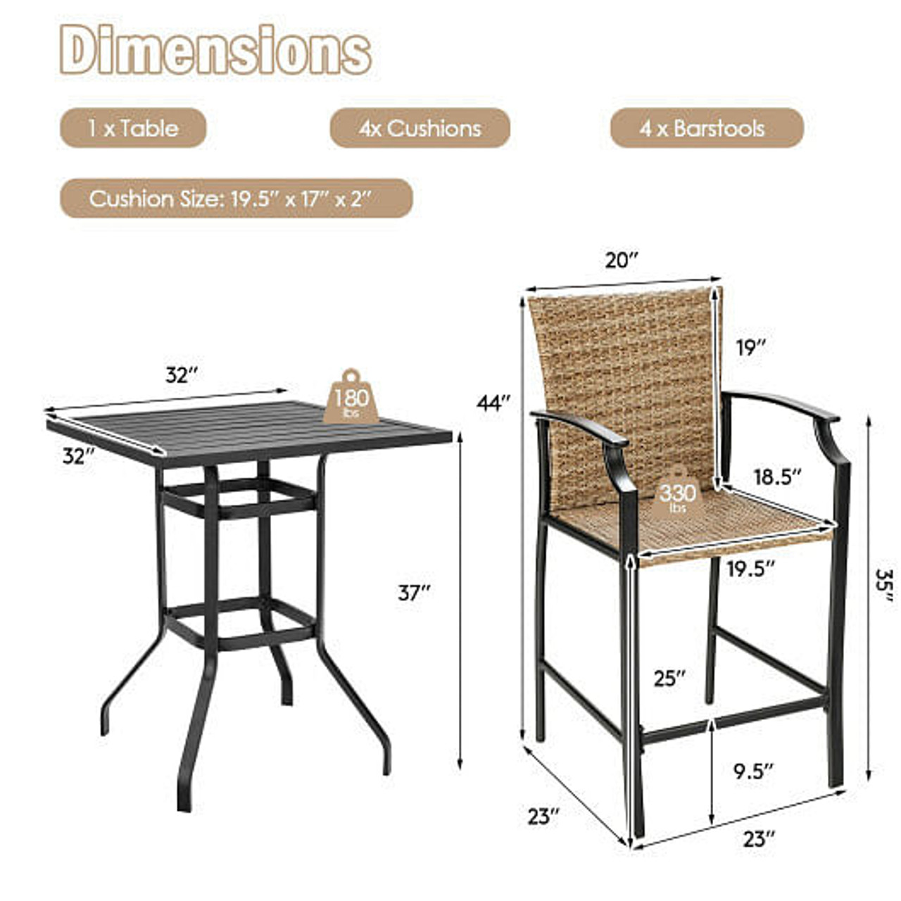 5 Pieces Outdoor Rattan Bistro Bar Stool Table Set with Cushions