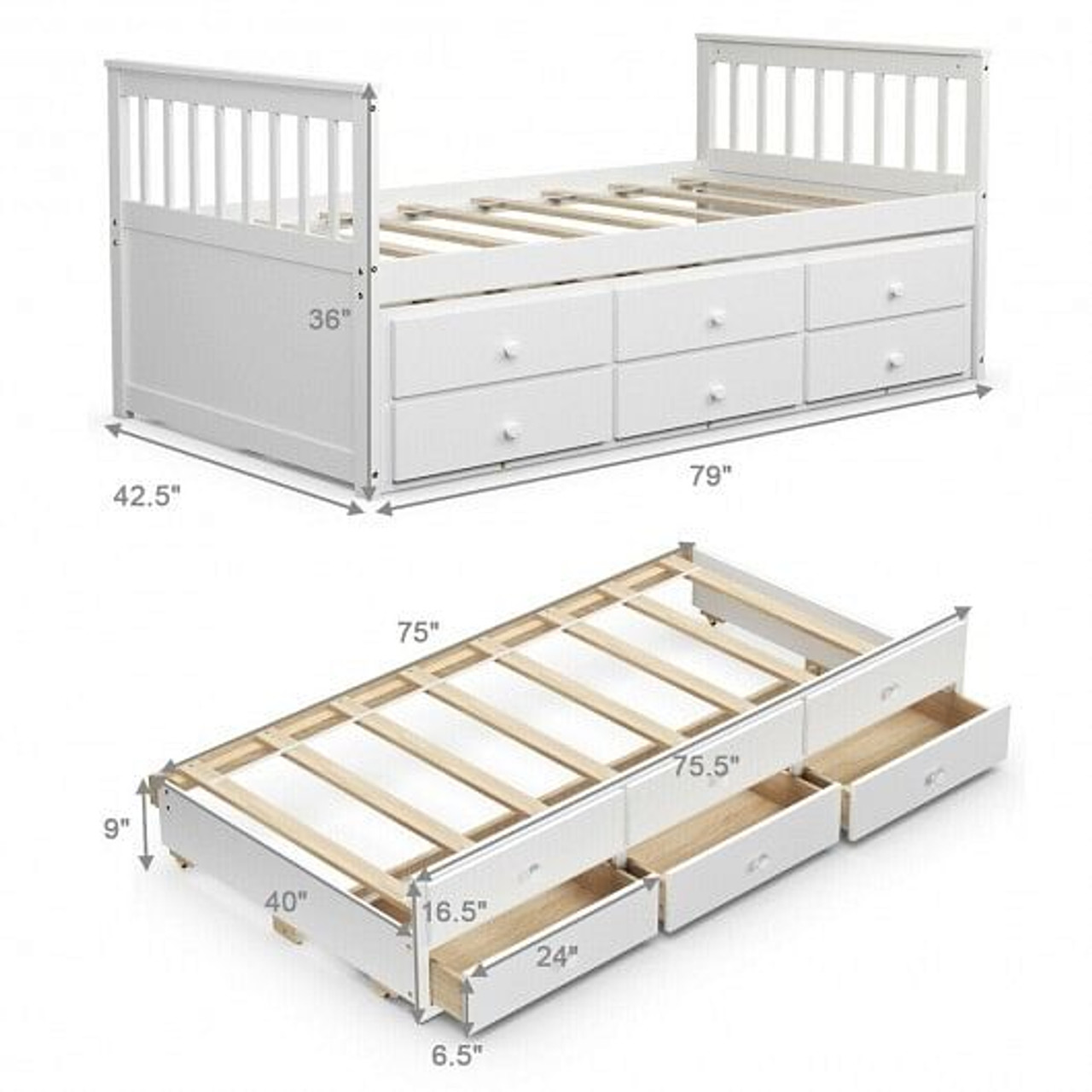 Twin Captain's Bed with Trundle and 3 Storage Drawers-White