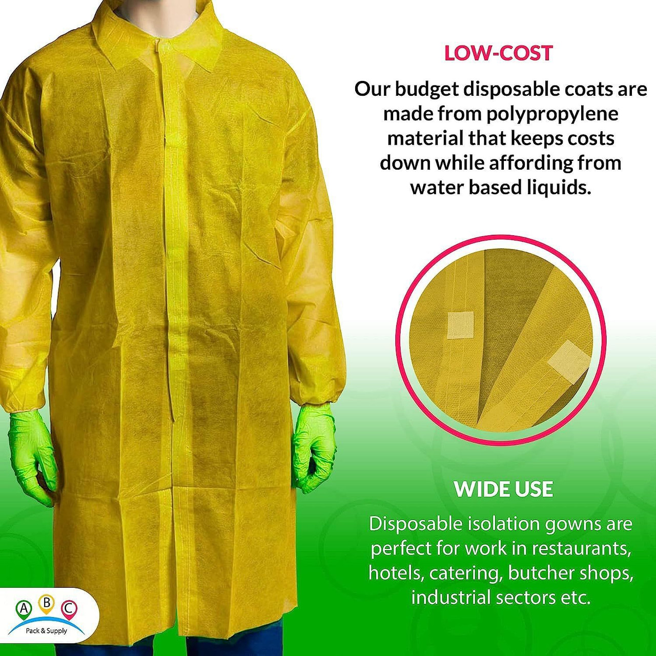 Pack of 50 Yellow Polypropylene Lab Coats XX-Large Size. Unisex Disposable Labcoats 44" Long. Hook 