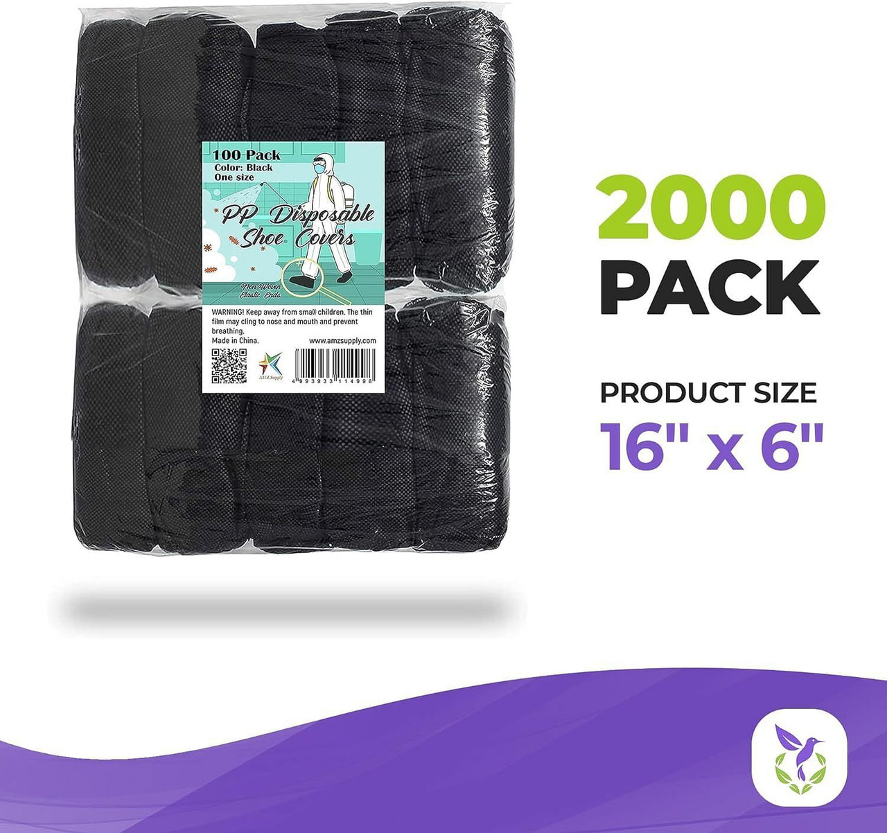 AMZ Medical Supply Black Polypropylene Shoe Covers 16"x6" for Indoors. Pack of 2000 Disposable Shoe