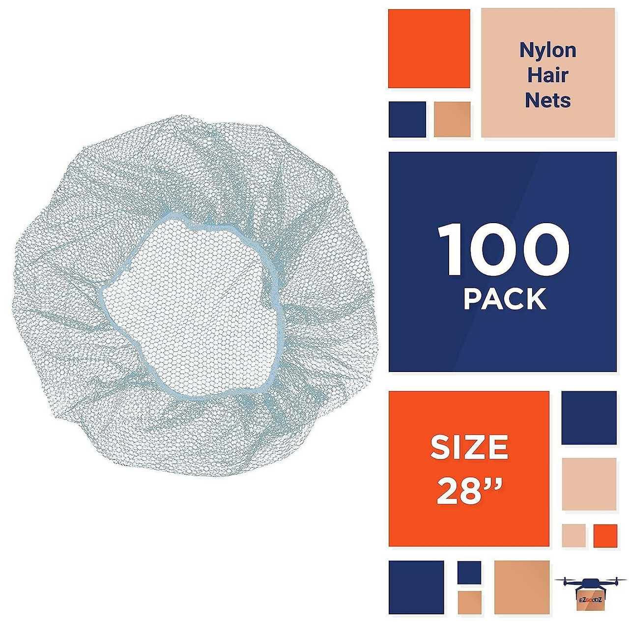 EZGOODZ Blue Nylon Hair Nets 28". Pack of 100 Disposable Head Caps with Elastic Edge Mesh. Stretcha