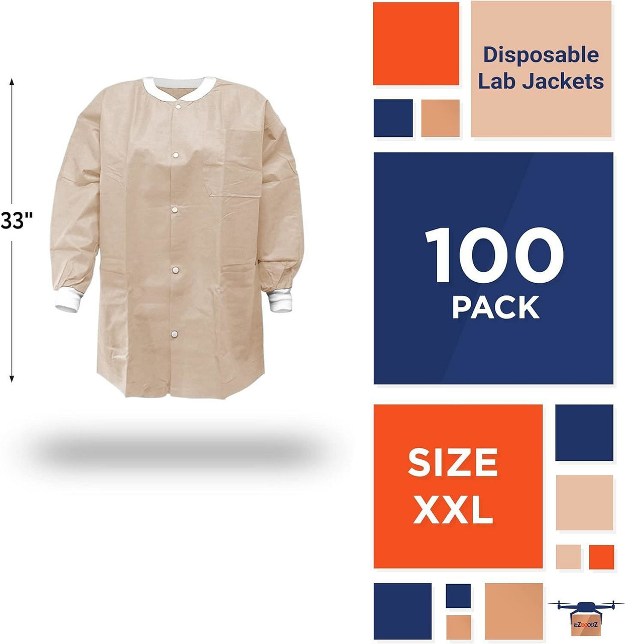 EZGOODZ Disposable Lab Jackets; 33" Long. Pack of 100 Tan Hip-Length Work Gowns XX-Large. SMS 50 gs