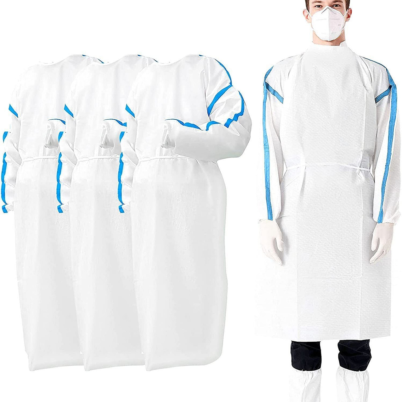 Disposable Gowns X-Large. Pack of 25 White Isolation Gowns. 50 gsm Microporous Surgical Gowns with 