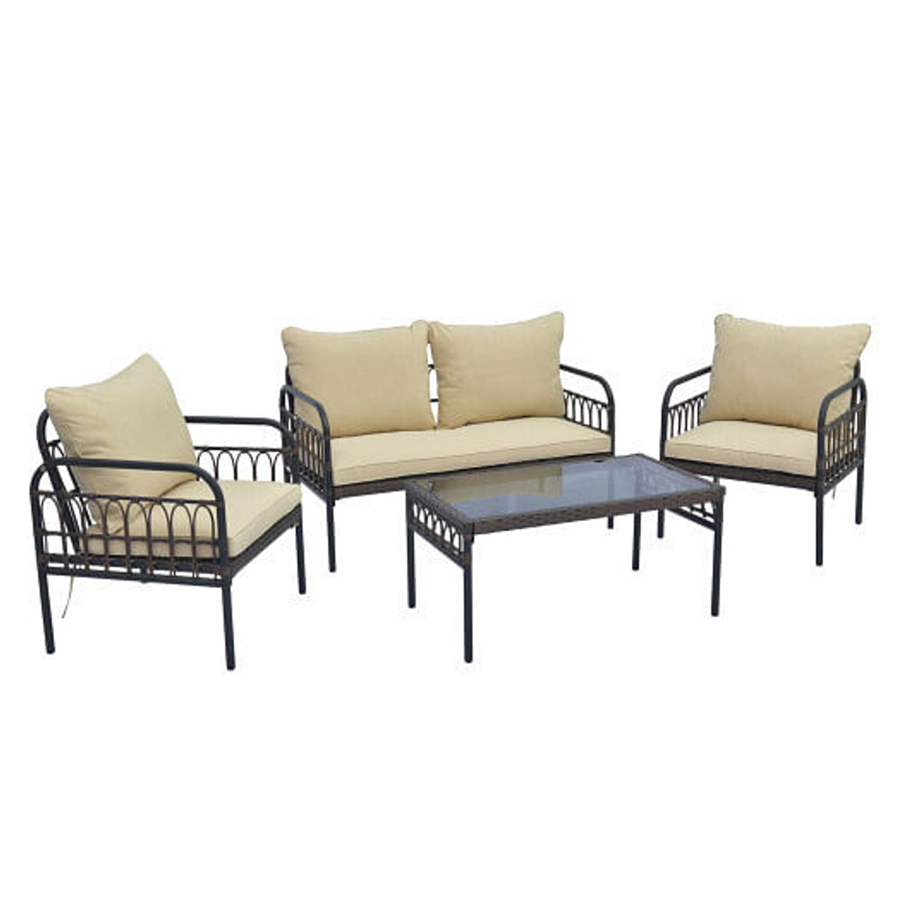 4 Pieces Outdoor Wicker Conversation Bistro Set with Soft Cushions and Tempered Glass Coffee Table-