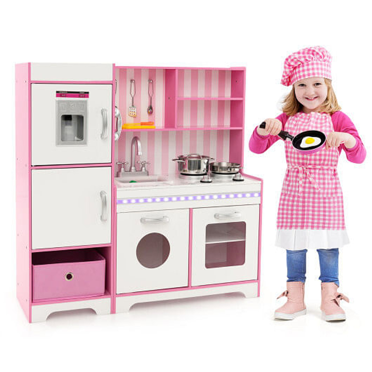 Kids Kitchen Playset Wooden Toy with Adjustable LED Lights and Washing Machine-Pink