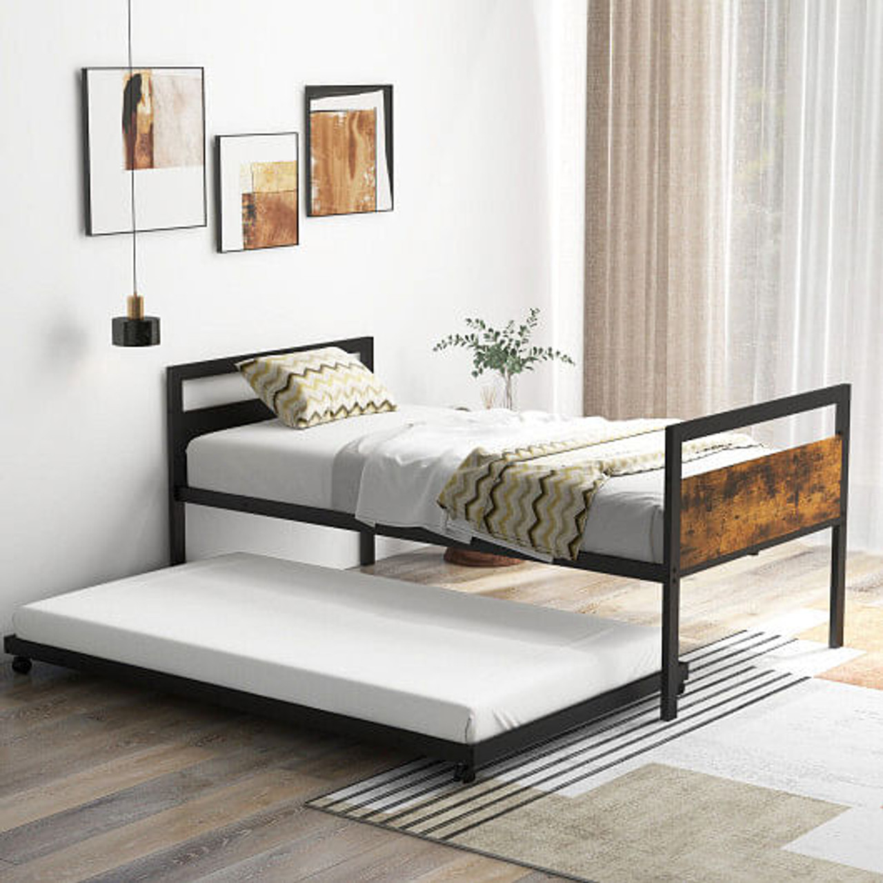 Twin Metal Daybed with Trundle Lockable Wheels-Twin Size