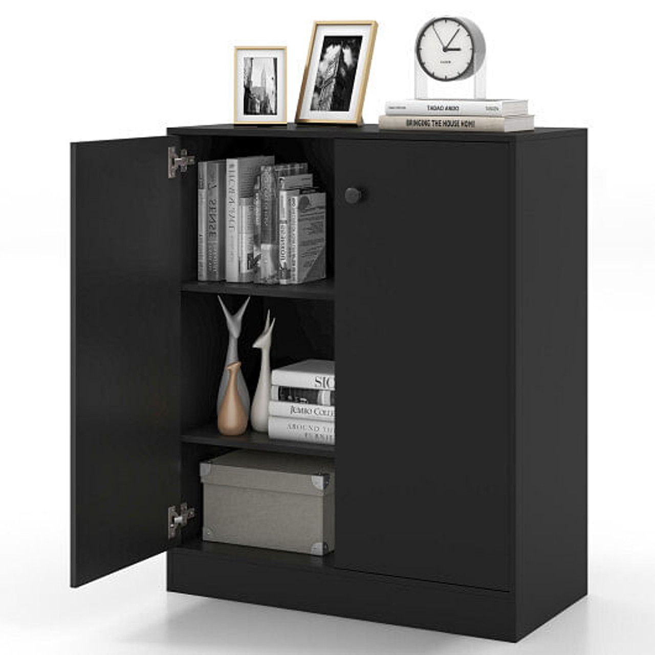 2-Door Modern Floor Storage Cabinet with 3-Tier Shelf-Black