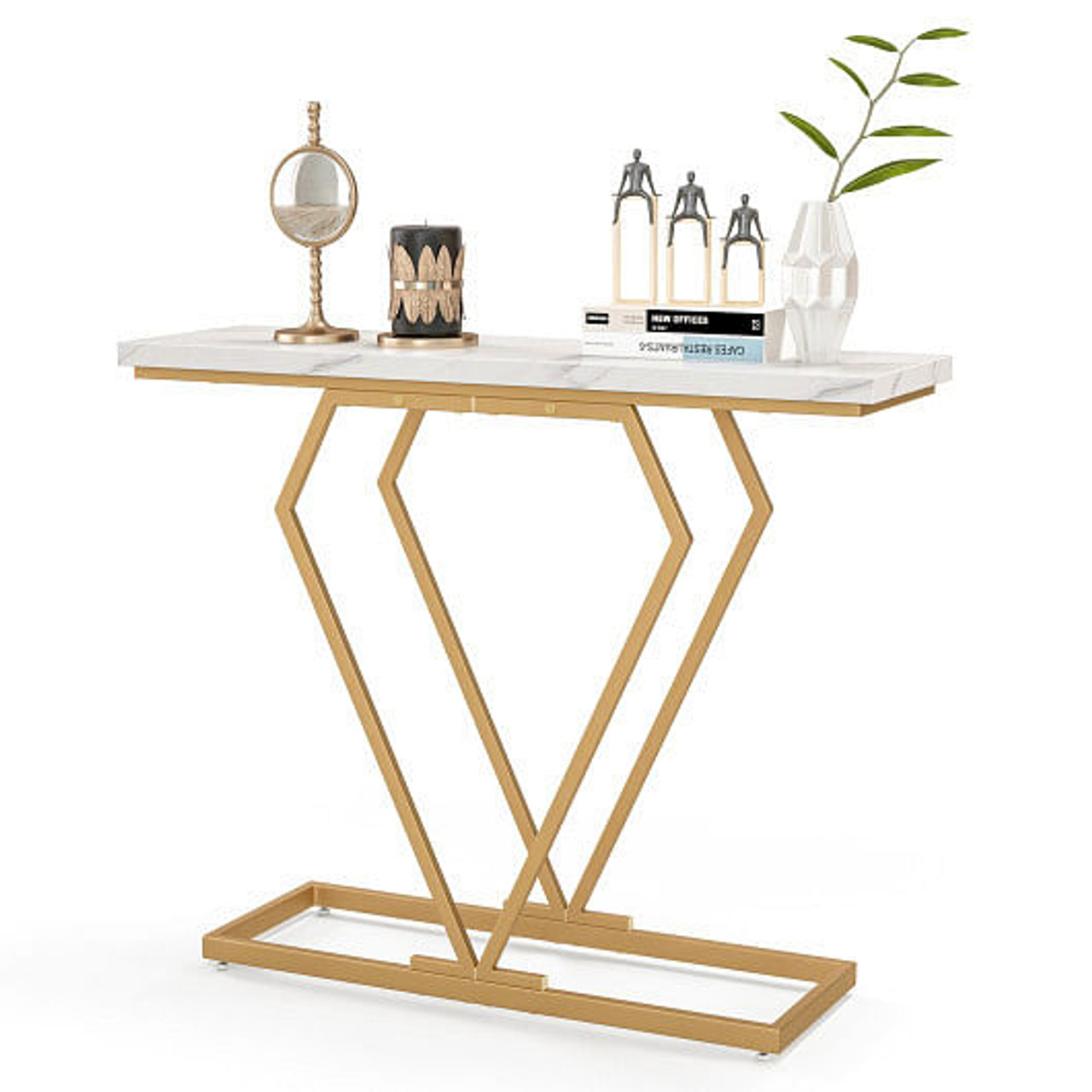 Gold Console Table with Diamond Shape Geometric Frame-White