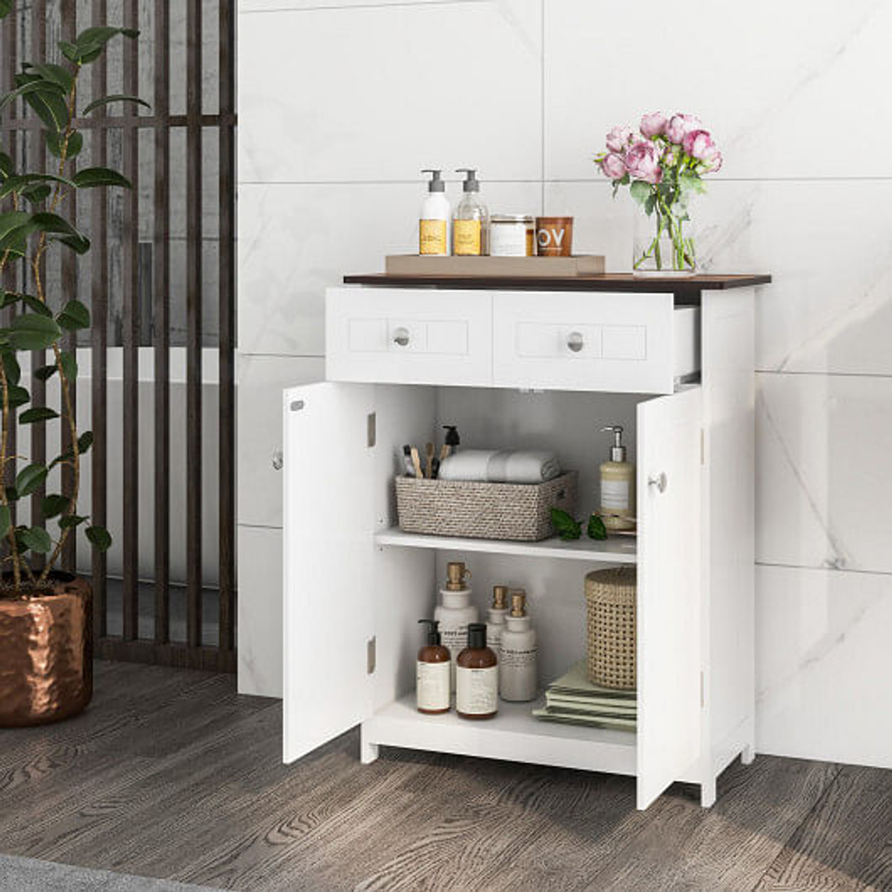 Freestanding Bathroom Floor Cabinet Storage Organizer with 2 Drawers-White