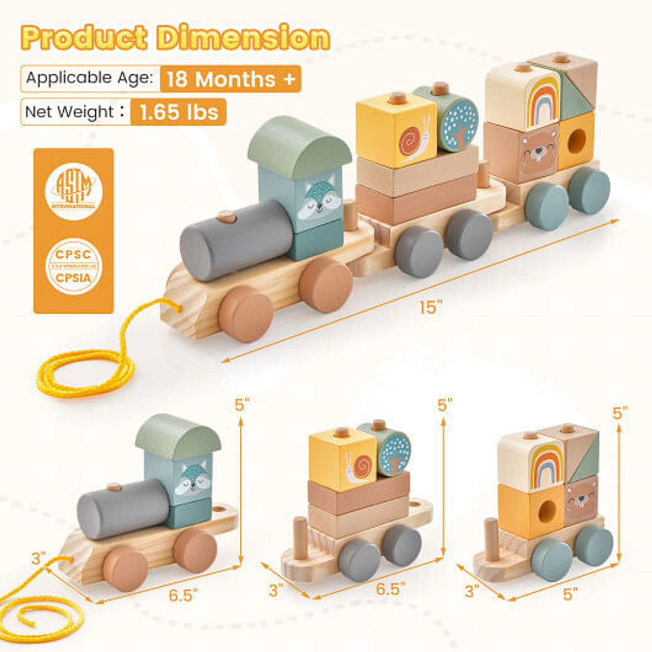 Wooden Toy Train Set with Stacking Wooden Blocks and Cute Animal Patterns