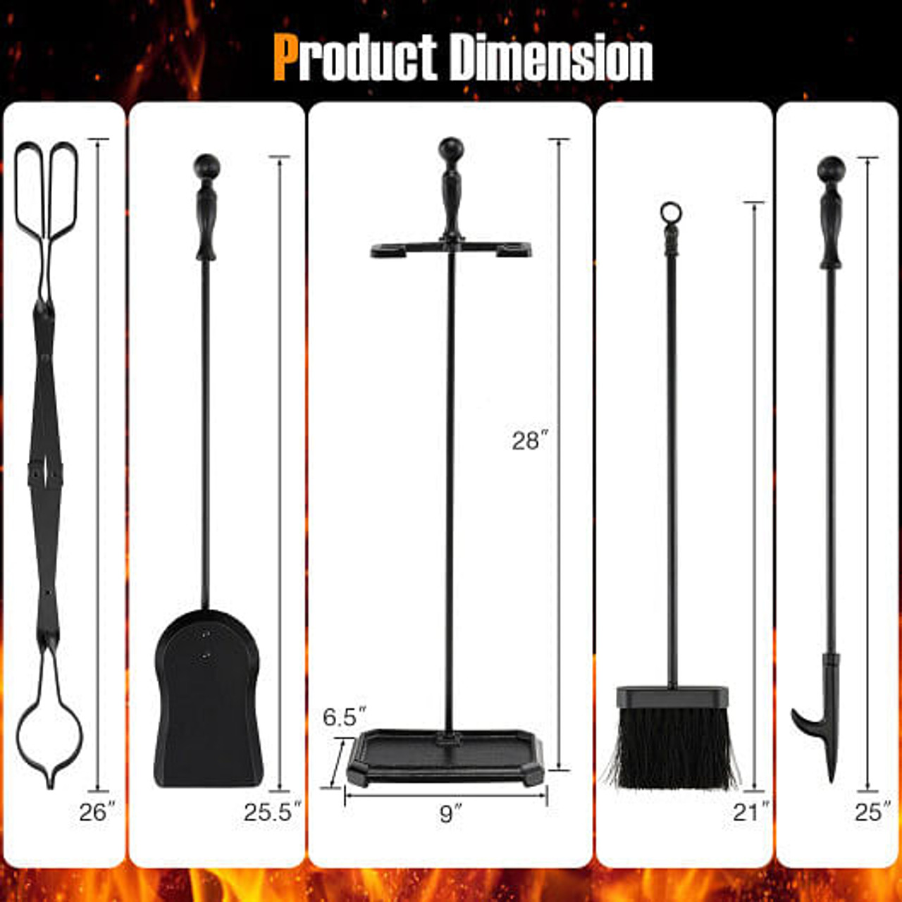 5-Piece Fireplace Tool Set with Tong Brush Shovel Poker Stand-Black