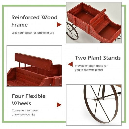 Wooden Wagon Plant Bed with Metal Wheels for Garden Yard Patio-Blue