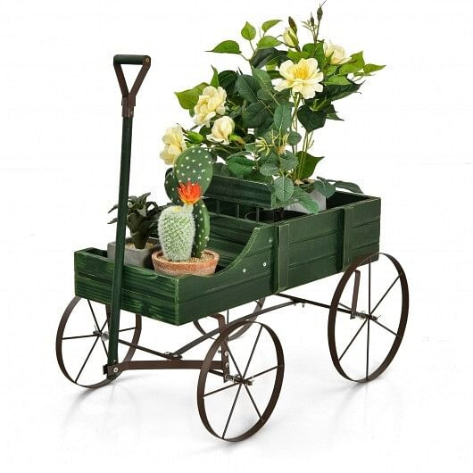 Wooden Wagon Plant Bed with Metal Wheels for Garden Yard Patio-Blue