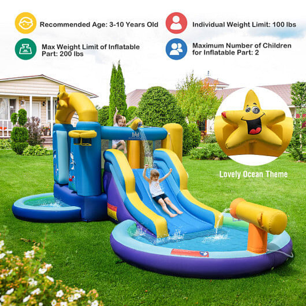 Inflatable Ocean-Themed Bounce House with 680W Blower and 2 Pools