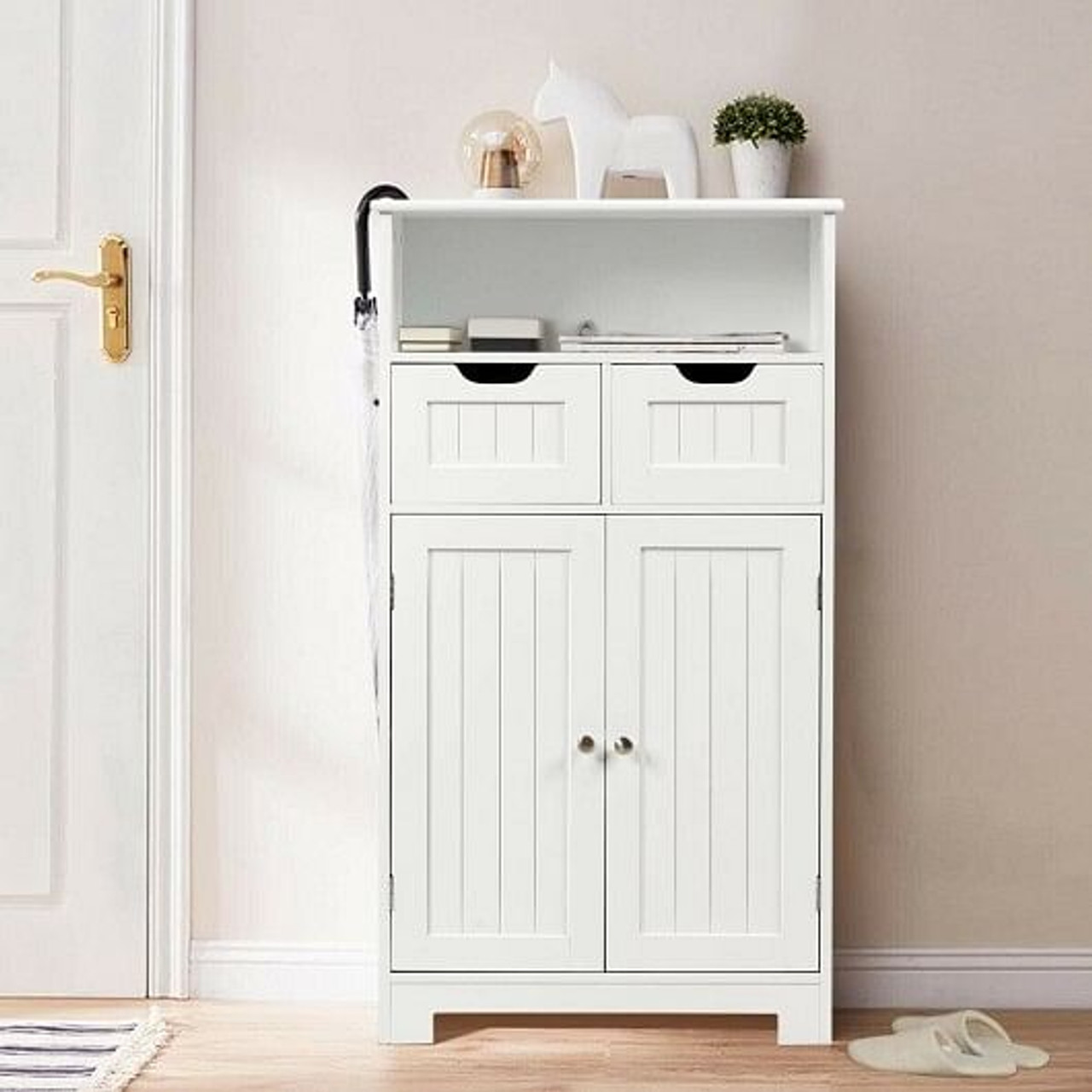 Bathroom Wooden Side Cabinet  with 2 Drawers and 2 Doors-Dark Brown