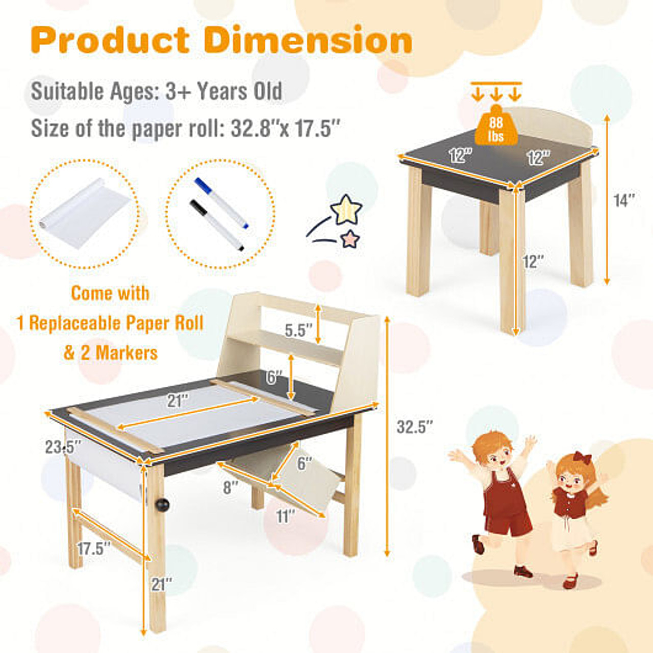 Kids Art Table and Chairs Set with Paper Roll and Storage Bins-Coffee