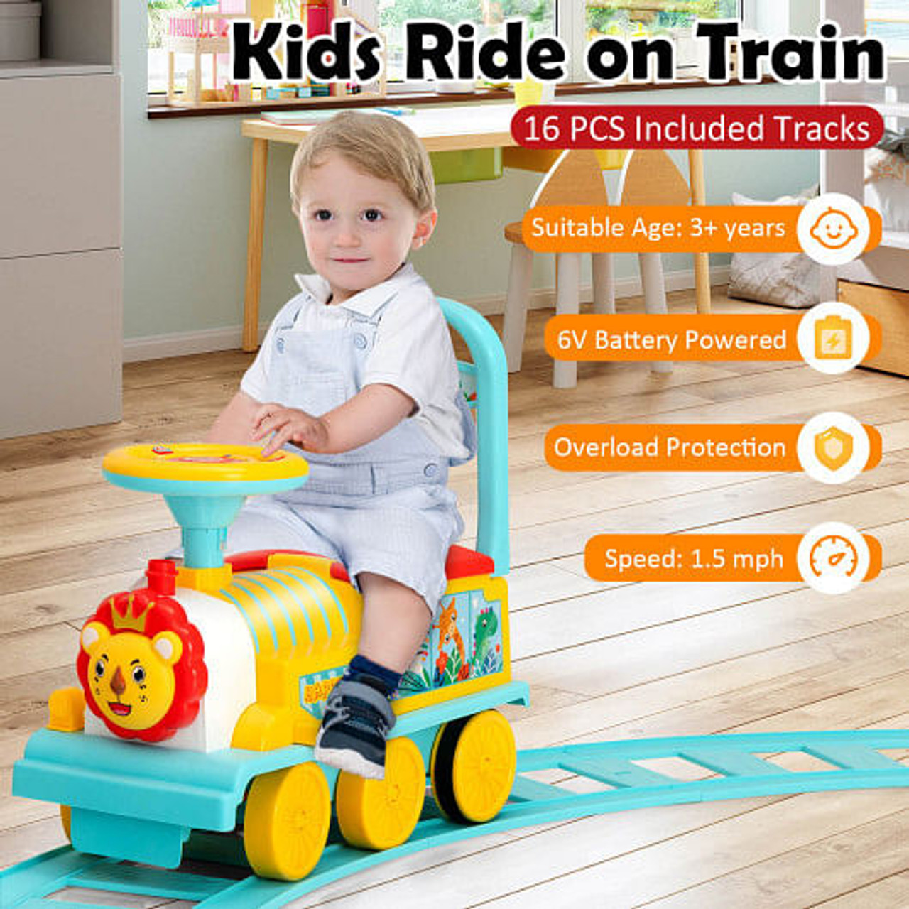 6V Electric Kids Ride On Car Toy Train with 16 Pieces Tracks-Blue