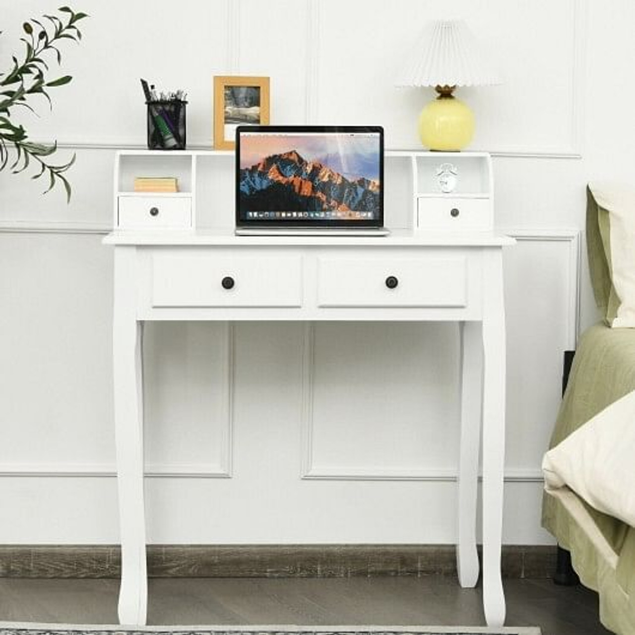 Writing Desk 2-Tier Vanity Desk Computer Desk with 4 Drawers-Pink