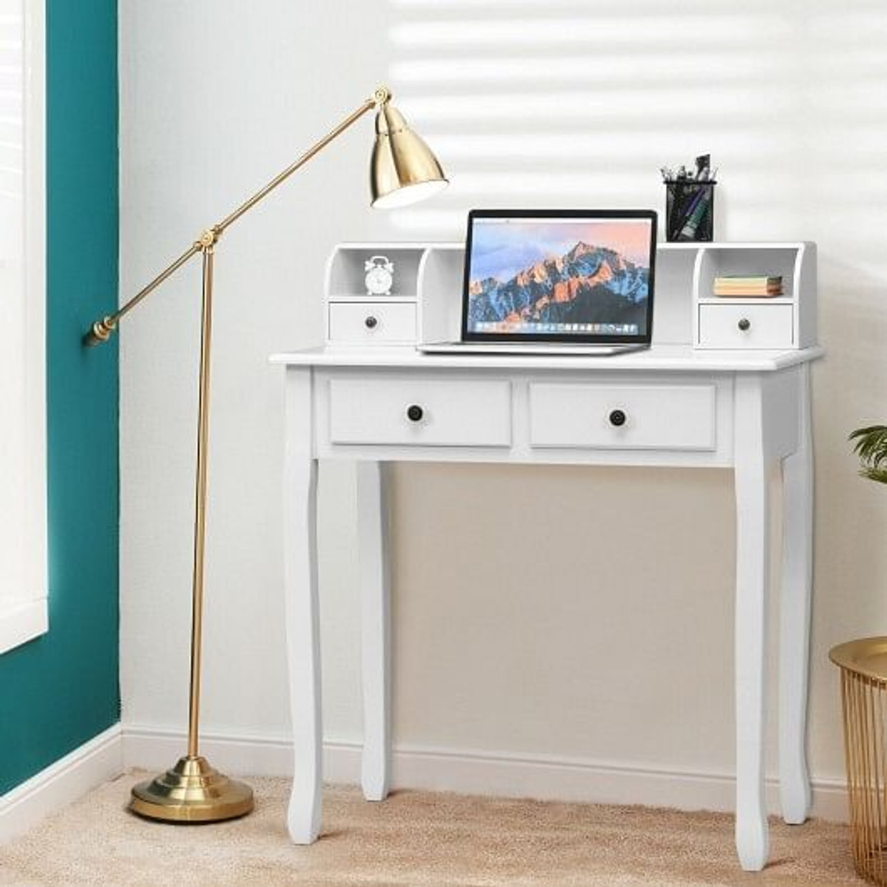 Writing Desk 2-Tier Vanity Desk Computer Desk with 4 Drawers-Pink
