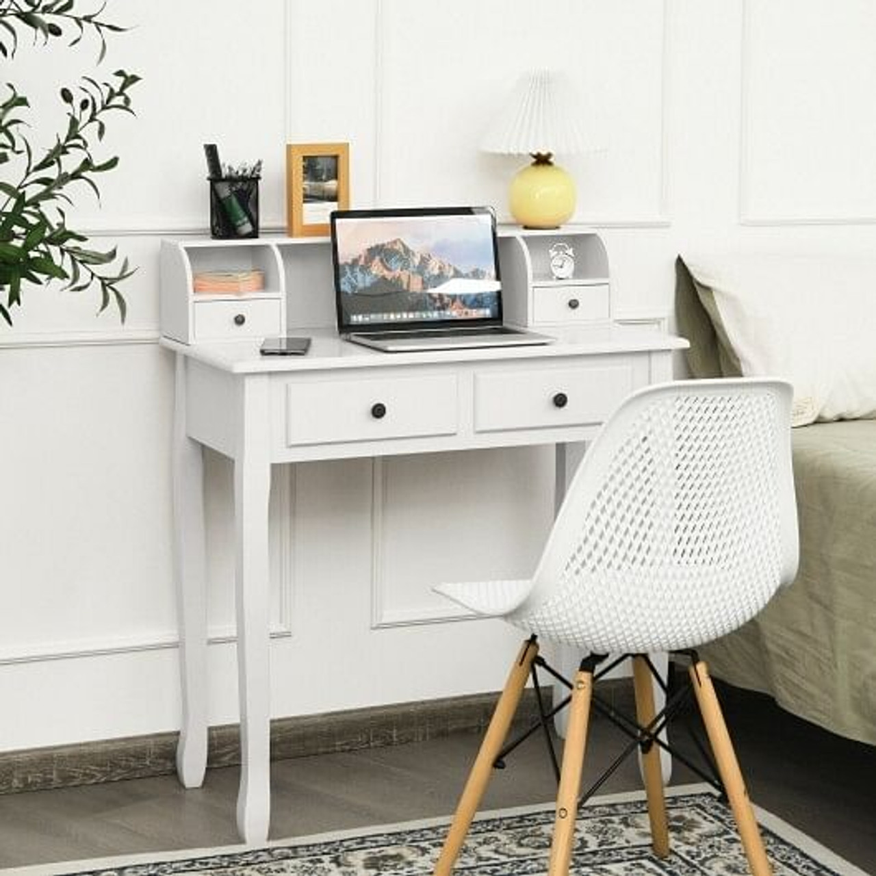 Writing Desk 2-Tier Vanity Desk Computer Desk with 4 Drawers-Pink
