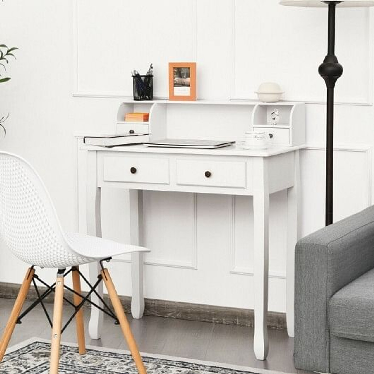 Writing Desk 2-Tier Vanity Desk Computer Desk with 4 Drawers-Pink