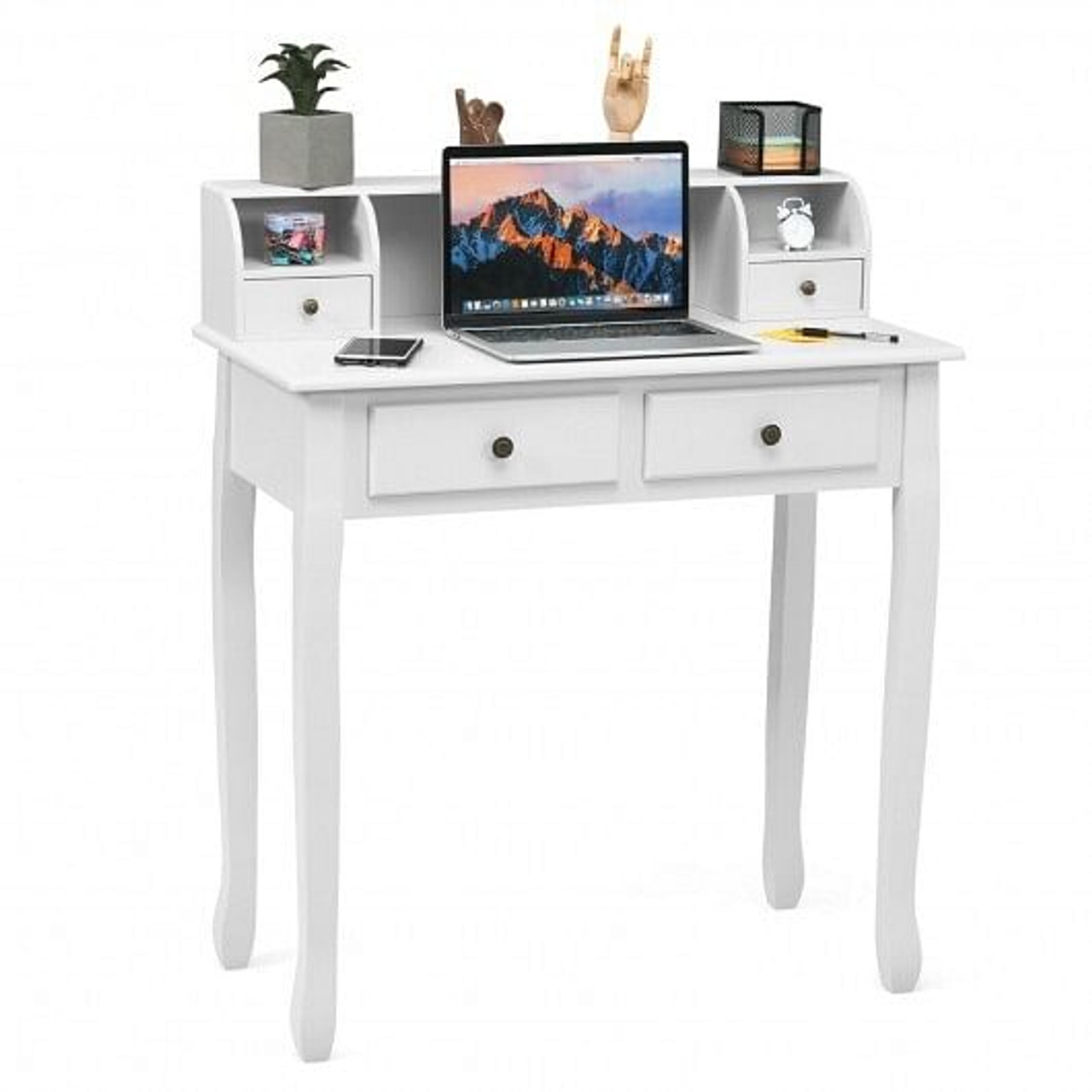 Writing Desk 2-Tier Vanity Desk Computer Desk with 4 Drawers-Pink