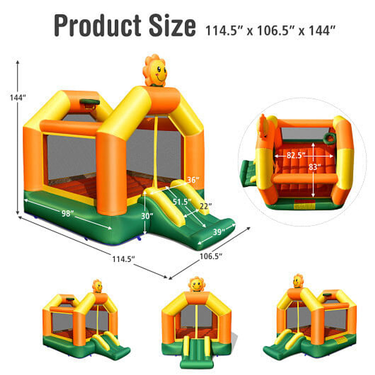 Kids Inflatable Bounce House with Slide and Basketball Rim with 735W Blower