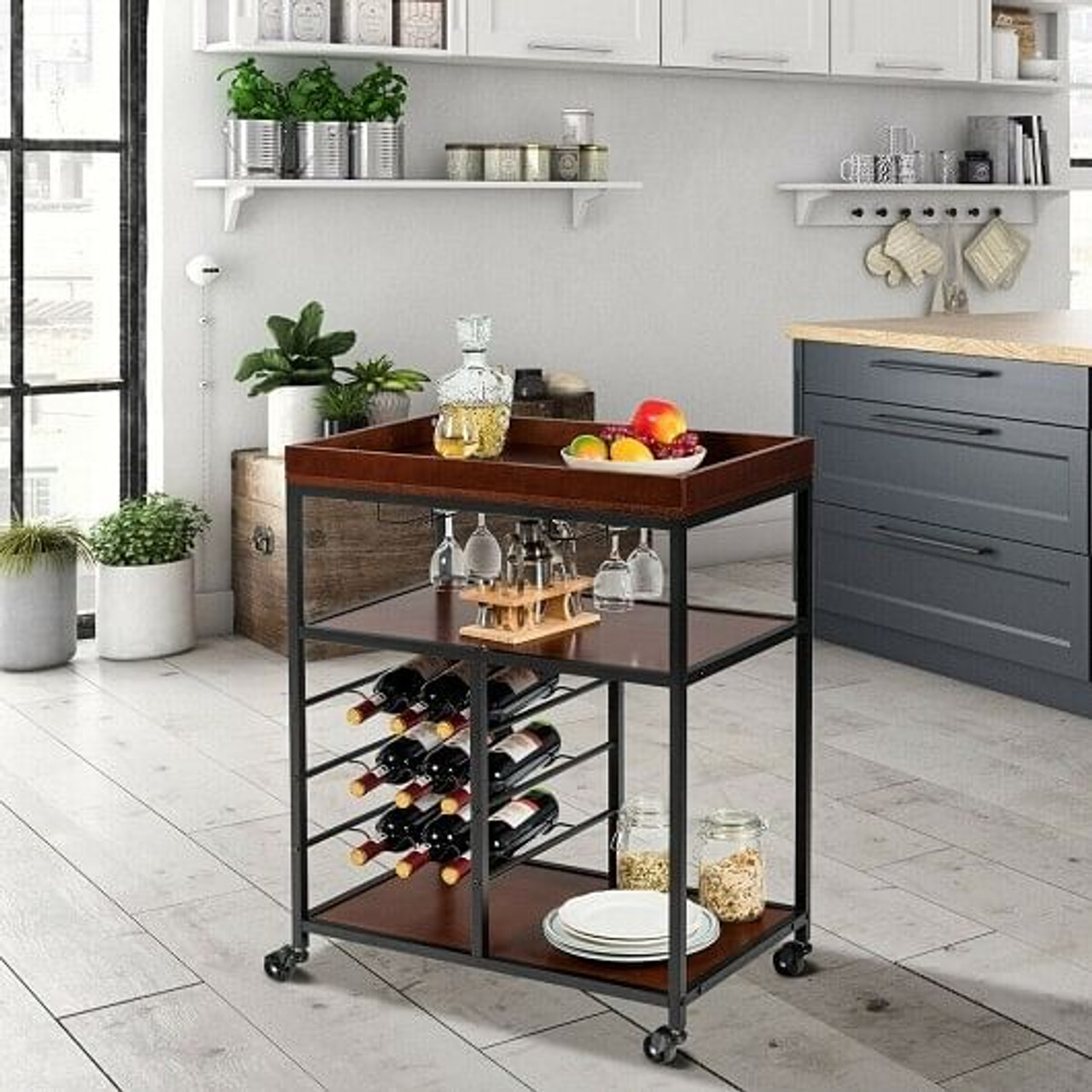 3 Tiers Storage Bar Serving Cart with Wine Rack