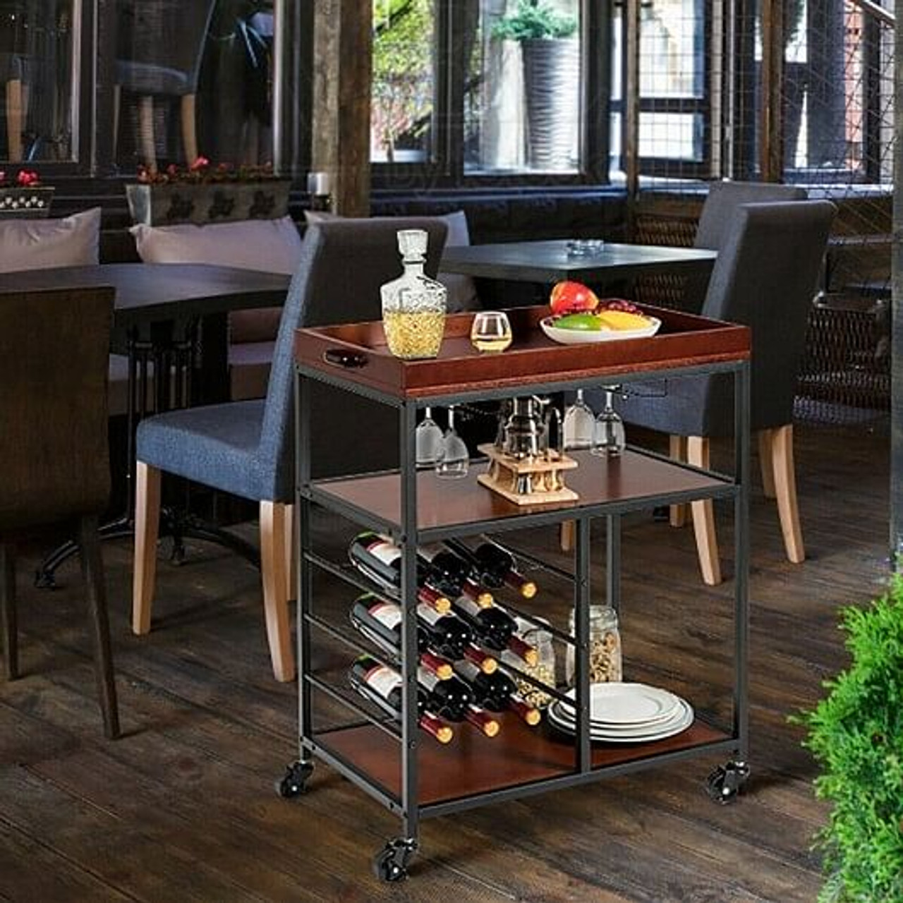 3 Tiers Storage Bar Serving Cart with Wine Rack