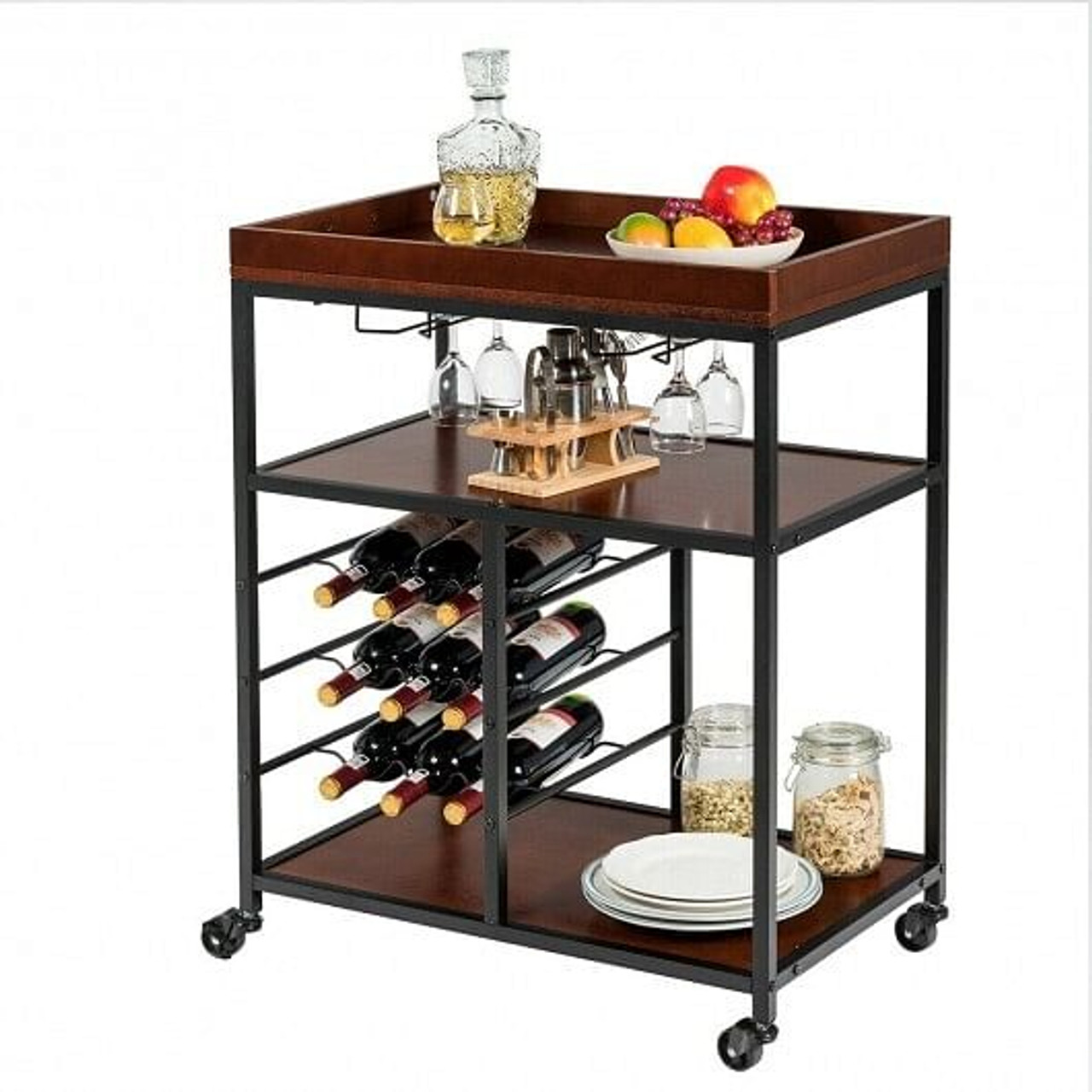 3 Tiers Storage Bar Serving Cart with Wine Rack