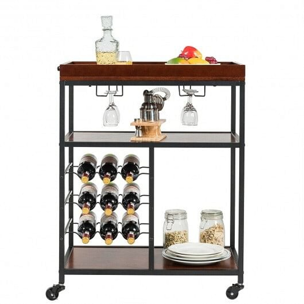 3 Tiers Storage Bar Serving Cart with Wine Rack