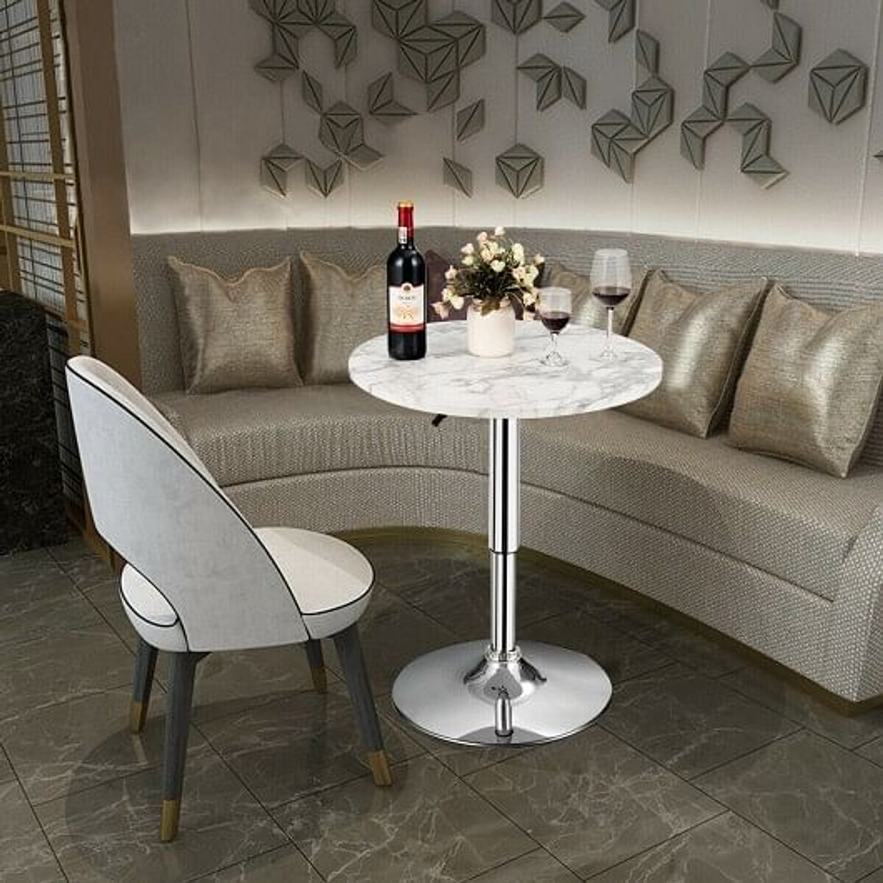 360?° Swivel Cocktail Pub Table with Sliver Leg and Base-White