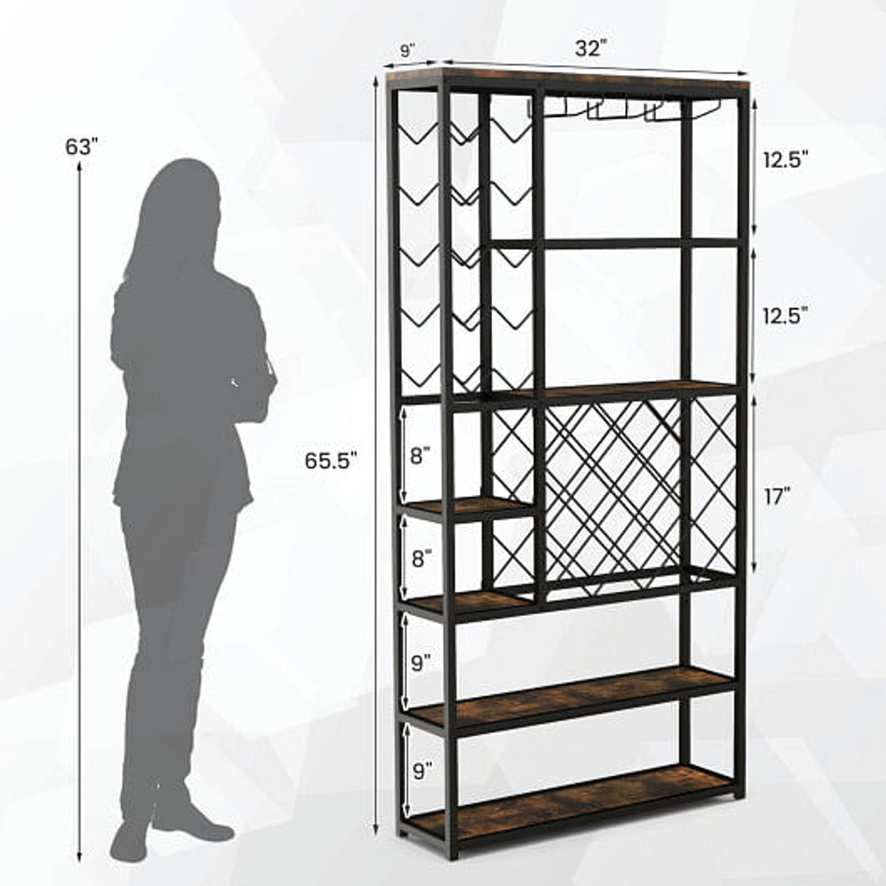 Industrial Floor Wine Rack with 3 Rows of Stemware Racks