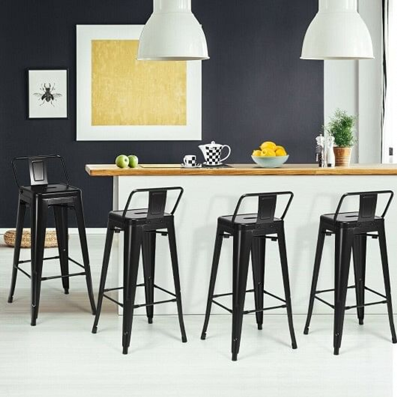 30 Inch Set of 4 Metal Counter Height Barstools with Low Back and Rubber Feet-Black