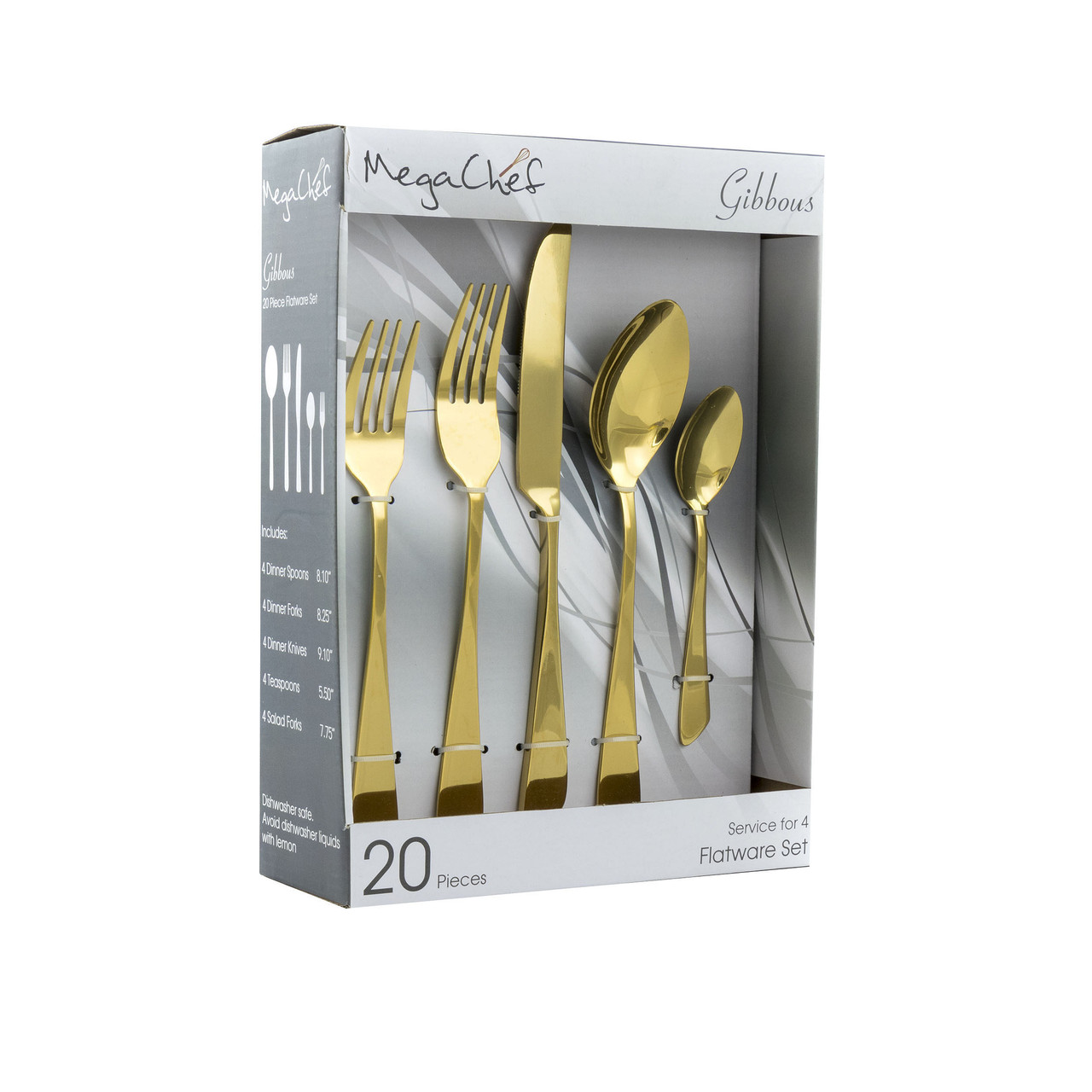 MegaChef Gibbous 20 Piece Flatware Utensil Set, Stainless Steel Silverware Metal Service for 4 in G