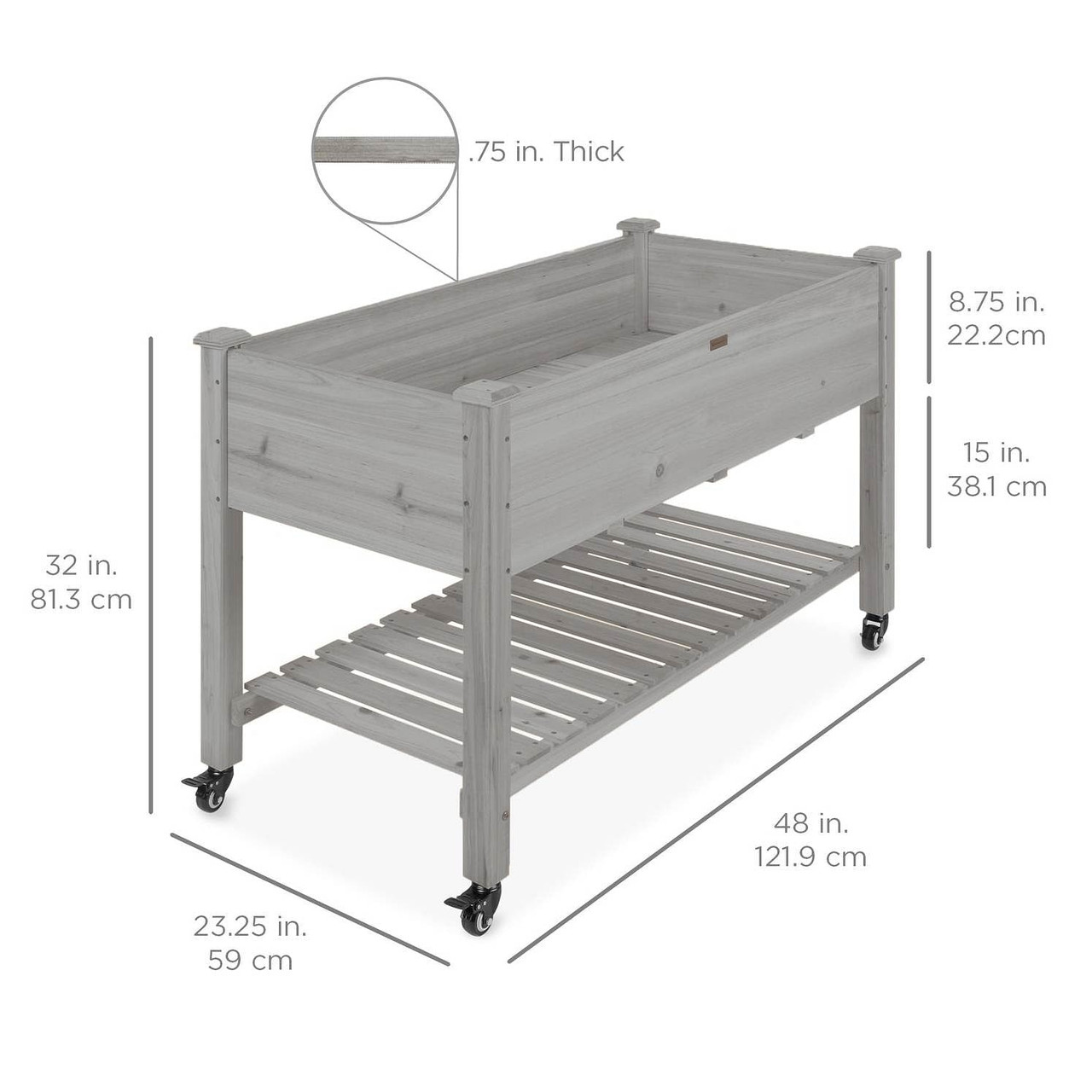 Outdoor Grey Wood Raised Garden Bed Planter Box with Shelf and Locking Wheels