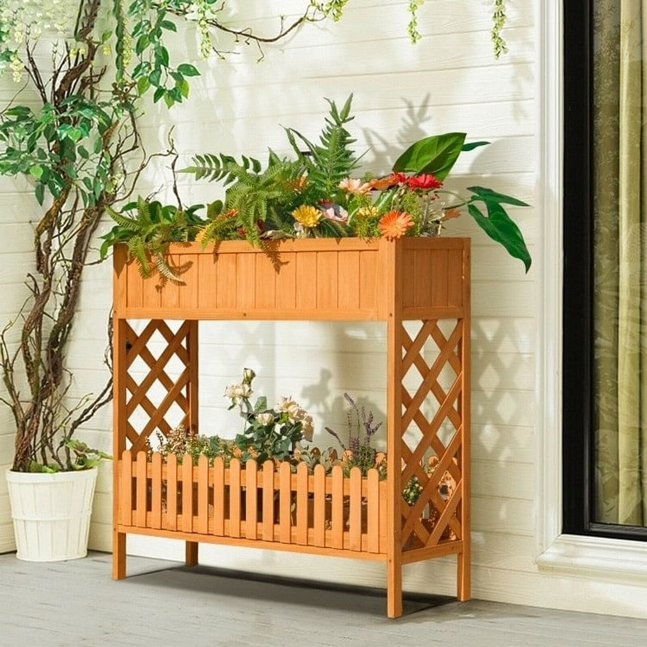 2 Tier Raised Garden Bed Elevated Fir Wood Planter Box