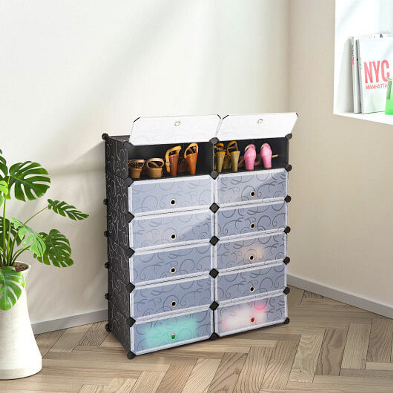 12-Cube DIY Portable Plastic Shoe Rack with Transparent Doors-White