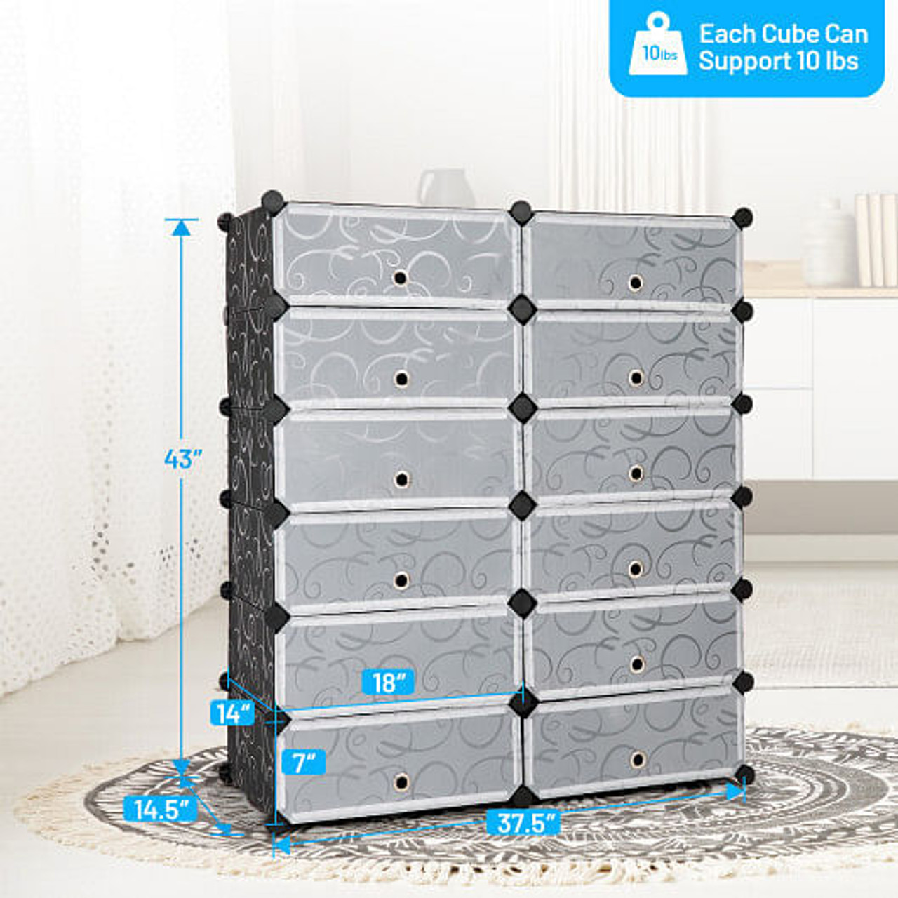 12-Cube DIY Portable Plastic Shoe Rack with Transparent Doors-White