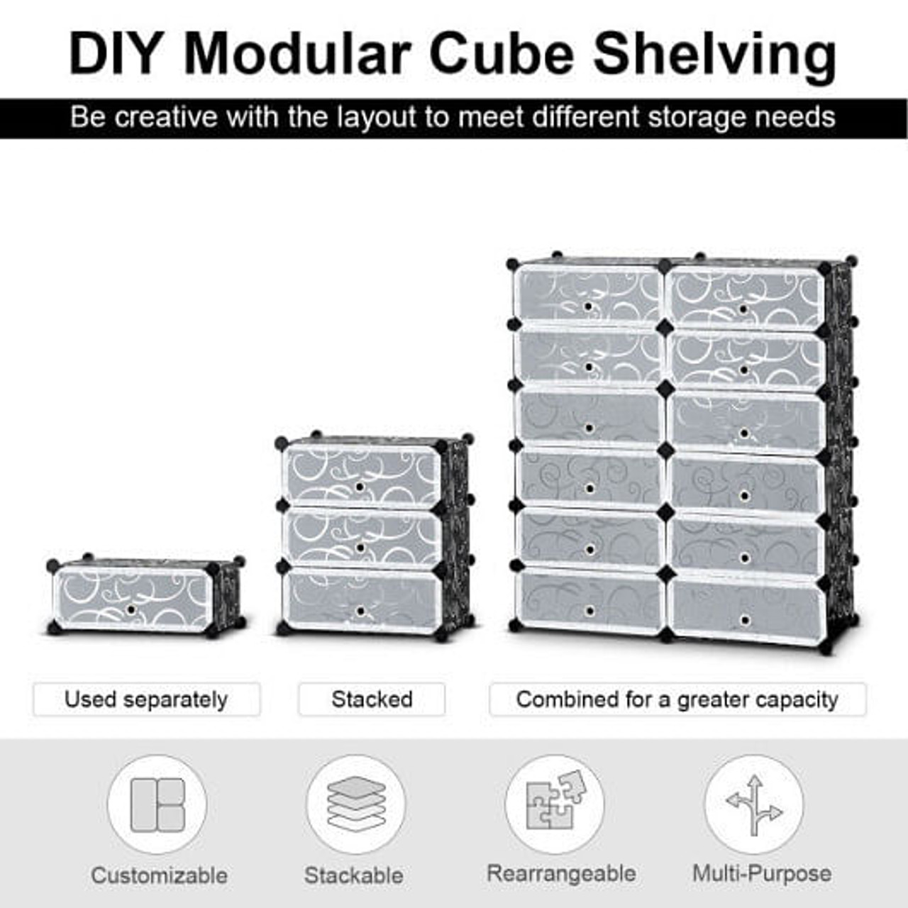 12-Cube DIY Portable Plastic Shoe Rack with Transparent Doors-White