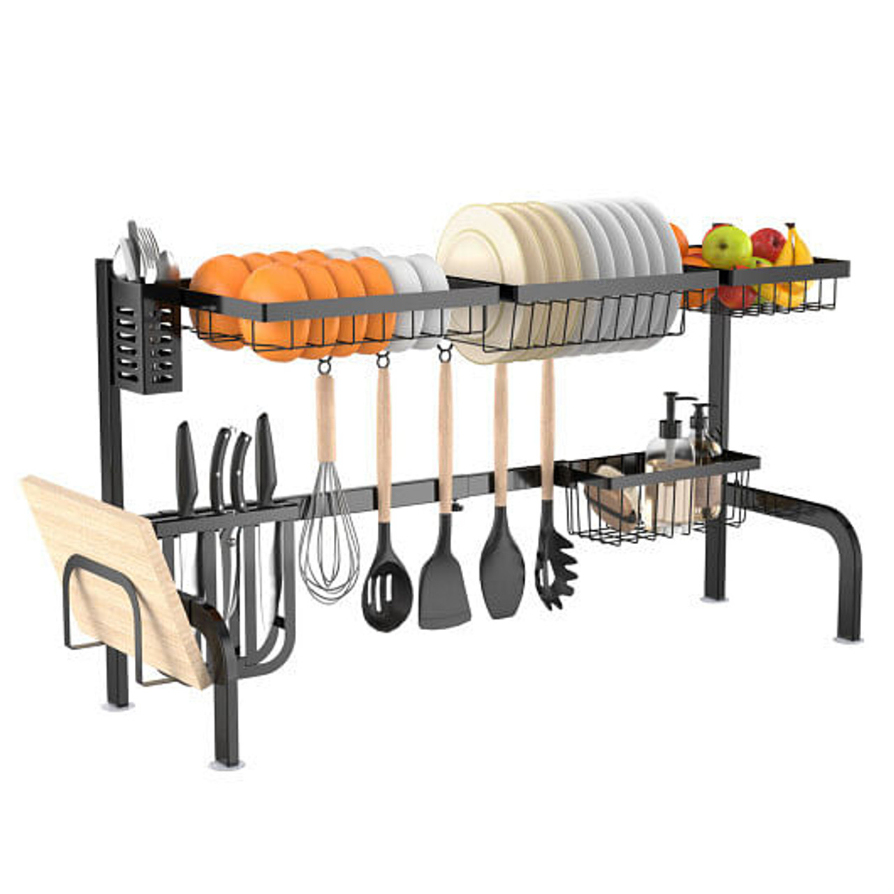 2 Tier Adjustable Over Sink Dish Drying Rack with 8 Hooks