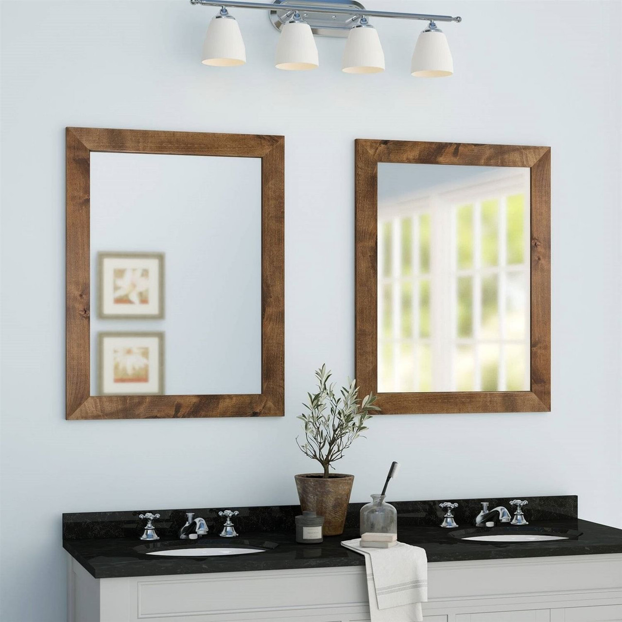 Set of 2 Modern Farmhouse Mirror Set Distressed Brown Wood Frame 31 x 24 inch