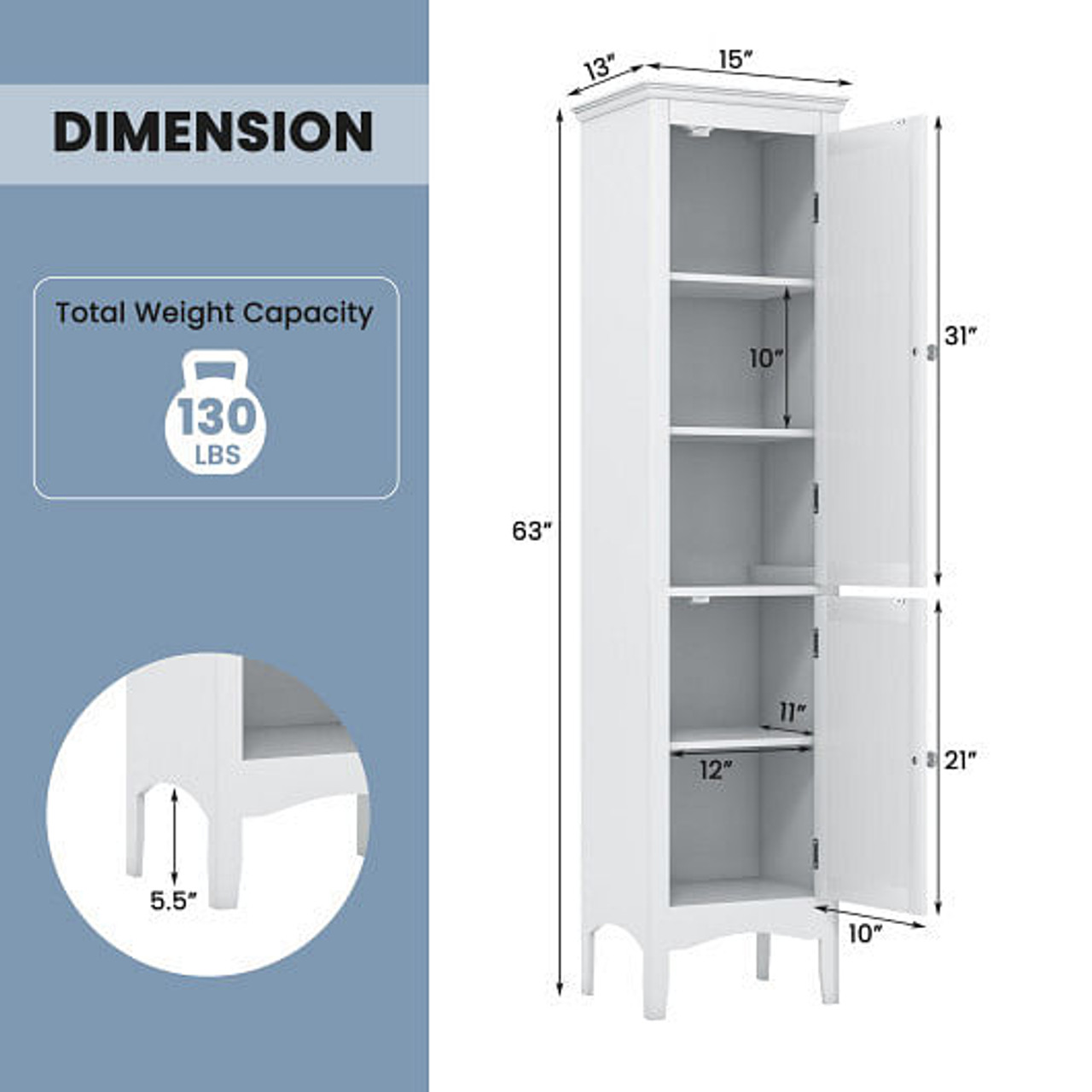 Tall Bathroom Floor Cabinet with Shutter Doors and Adjustable Shelf-White