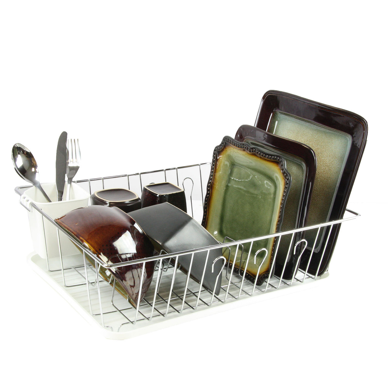 MegaChef 17.5 Inch White Single Level Dish Rack with 14 Plate Positioners and a Detachable Utensil 